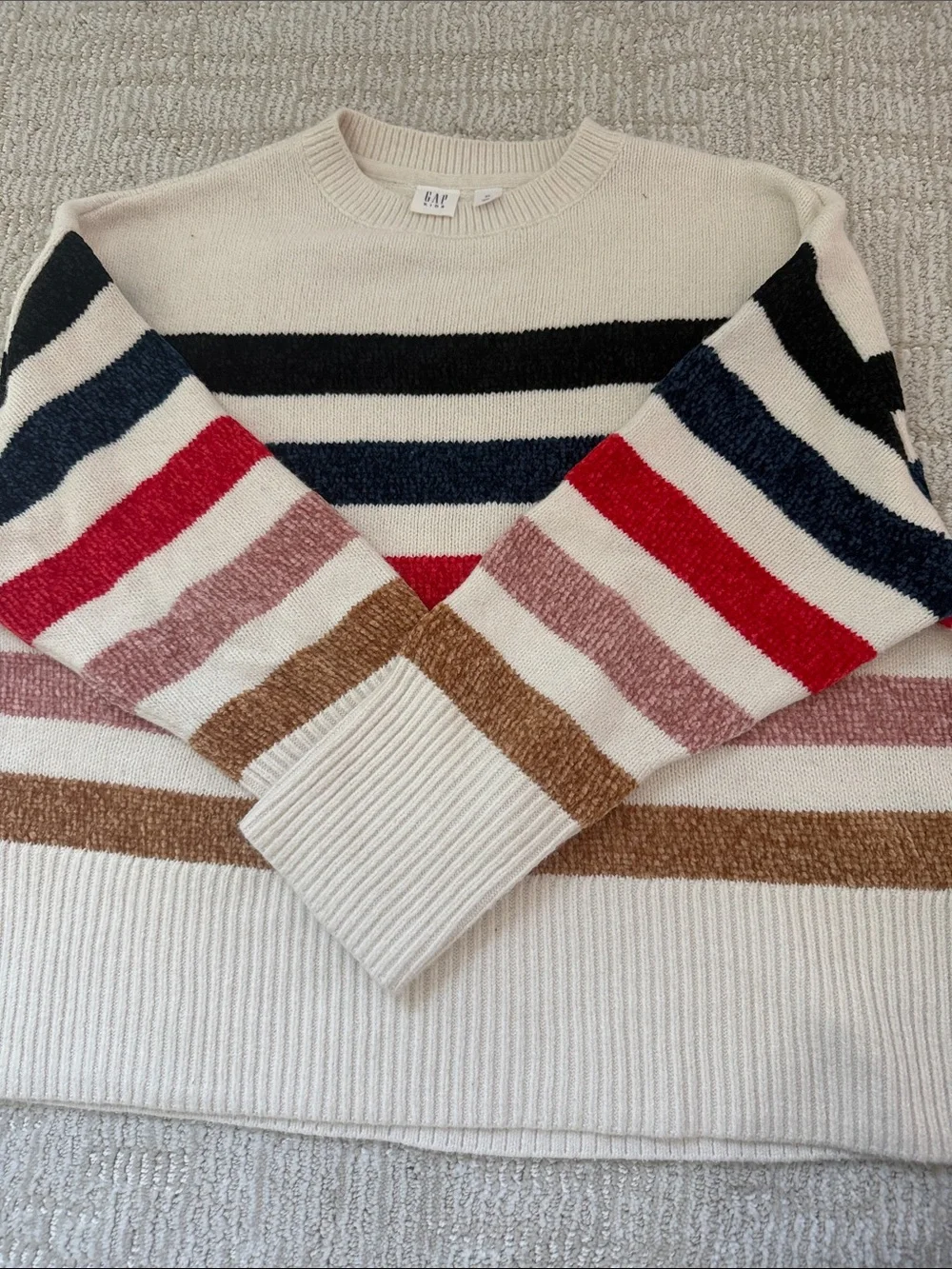 GAP Kids Velour Cream Sweater with Black, Navy, Red, Pink, Brown Stripes